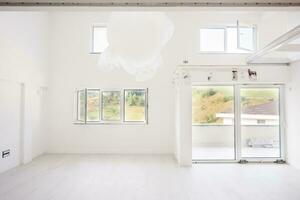 Interior of empty stylish modern open space two level apartment photo