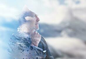 Double exposure of senior businessman photo