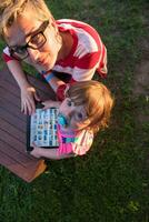 mom and her little daughter using tablet computer photo