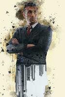 Double exposure with low poly design of businessman and city photo