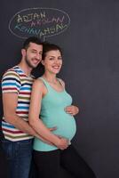 pregnant couple writing on a black chalkboard photo