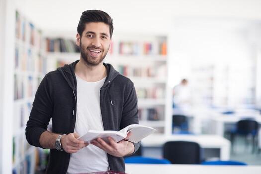 portrait of student while reading book  in school library photo