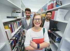 students group  in school  library photo