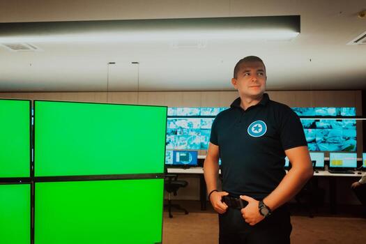 Male security operator working in a data system control room offices Technical Operator Working at workstation with multiple displays, security guard working on multiple monitors Male computer opera photo