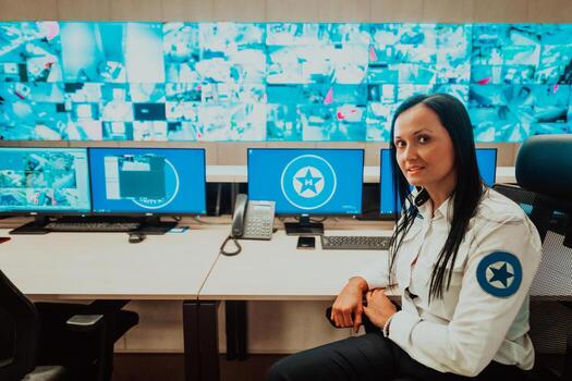 Female security operator working in a data system control room offices Technical Operator Working at workstation with multiple displays, security guard working on multiple monitors photo