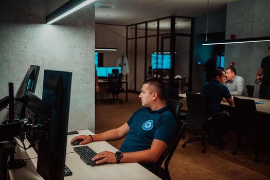 Male security operator working in a data system control room offices Technical Operator Working at workstation with multiple displays, security guard working on multiple monitors Male computer opera photo