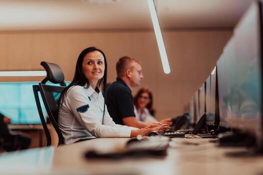 Female security operator working in a data system control room offices Technical Operator Working at workstation with multiple displays, security guard working on multiple monitors photo