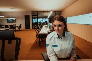 Female security operator working in a data system control room offices Technical Operator Working at workstation with multiple displays, security guard working on multiple monitors photo