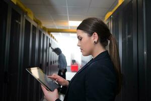 Female engineer working on a tablet computer in server room photo
