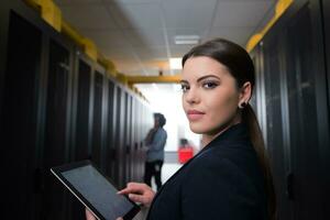 Female engineer working on a tablet computer in server room photo