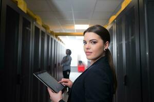 Female engineer working on a tablet computer in server room photo