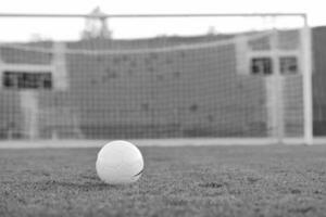 Soccer ball on grass at goal and stadium in background photo