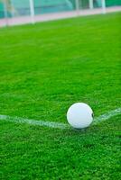 Soccer ball on grass at goal and stadium in background photo