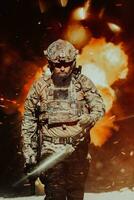 un soldado barbudo con uniforme de las fuerzas especiales camina por un edificio abandonado después de una misión exitosa. enfoque de selección foto