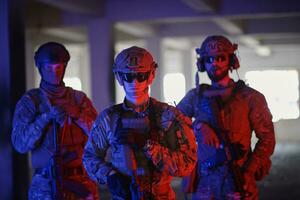 soldier squad team portrait in urban environment colored lightis photo