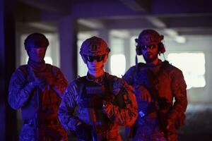 soldier squad team portrait in urban environment colored lightis photo