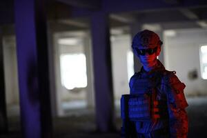 modern warfare soldier in urban environment photo