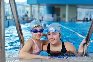 happy children group  at swimming pool photo