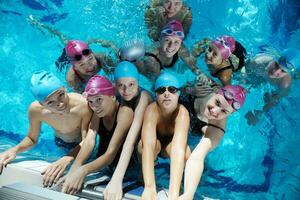 happy children group  at swimming pool photo