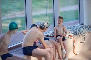 child group  at swimming pool school class photo