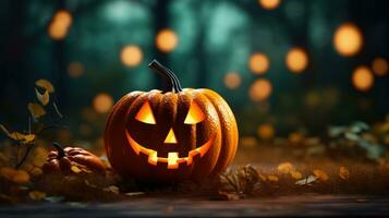 Halloween happy pumpkin decorations. Holiday Halloween concept with bokeh background. Jack-o'-lantern symbol photo