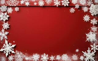 Red Christmas background with white snowflakes and frame with free space for your wishes. Merry Christmas holiday card photo