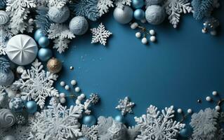 Abstract Christmas holiday frame. Cold Blue winter background with snowflakes and snow. Celebrate greeting card photo