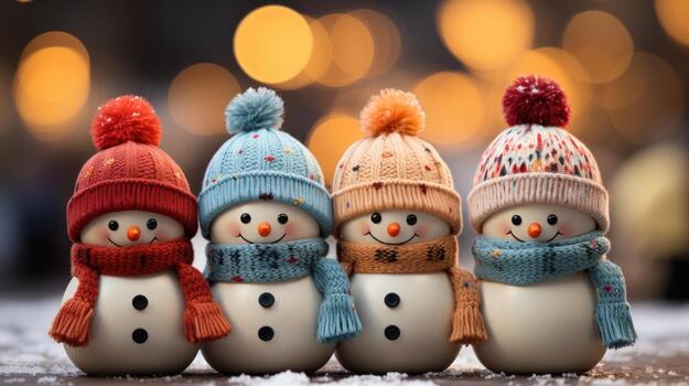 Christmas background with smiling snowmen with wool hats and scarfs. Merry Christmas holiday wallpaper photo