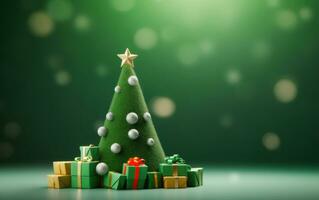 Simple Christmas tree decorated with balls and gifts on green background. Merry Christmas photo