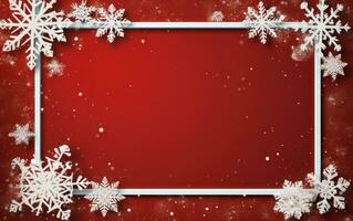 White snowflakes on the red background with free space for your wishes. Modern Christmas holiday card. Merry Christmas photo