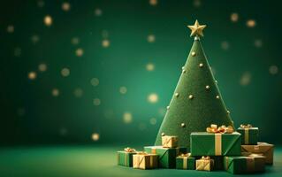 sencillo Navidad árbol decorado con pelotas y regalos en verde antecedentes. alegre Navidad foto