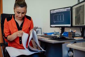 Within the heavy industry, a factory industrial engineer measures with a caliper and on a personal computer Designs a 3D model photo