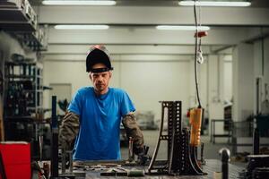 Portrait of Young Professional Heavy Industry Engineer. Worker Wearing Safety Vest and Hardhat Smiling on Camera. In the Background Unfocused Large Industrial Factory photo