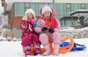 portrait of two little grils sitting together on sledges photo