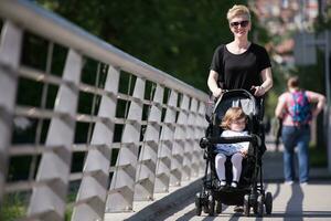 mother pushed her baby daughter in a stroller photo