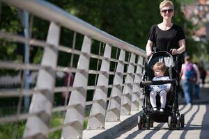 mother pushed her baby daughter in a stroller photo