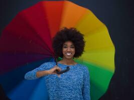 african american woman holding a colorful umbrella photo