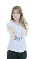 young woman hold credit card photo