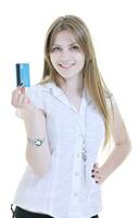 young woman hold credit card photo