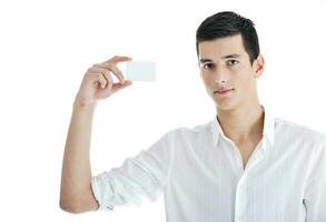 joven empresario con vacío blanco tarjeta foto