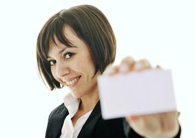 young business  woman displaying empty business card photo