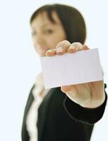 young business  woman displaying empty business card photo