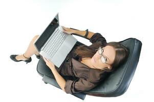 business woman with laptop isolated on white photo