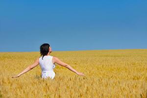 young woman in wheat field at summer photo