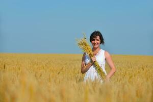 young woman in wheat field at summer photo