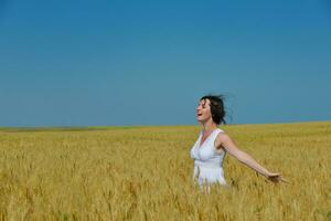 young woman in wheat field at summer photo