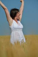 young woman in wheat field at summer photo