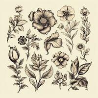 Black and white drawings of flowers and plants, hand drawings photo