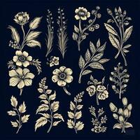 Black and white drawings of flowers and plants, hand drawings photo