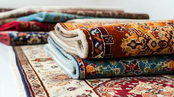 Rolled Persian carpets sale of bright carpets, photo shop